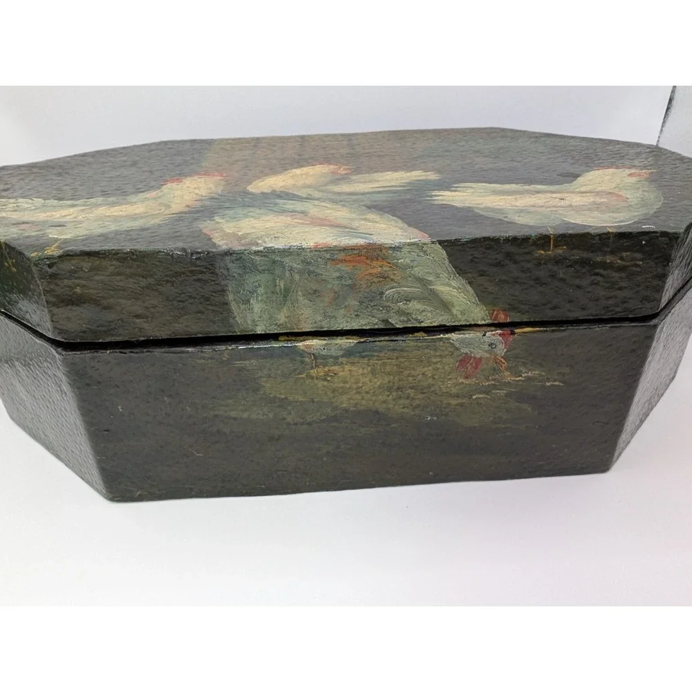 Hand Painted Chicken Octagonal Wooden Keepsake Storage Box Farmhouse Decor 12in
